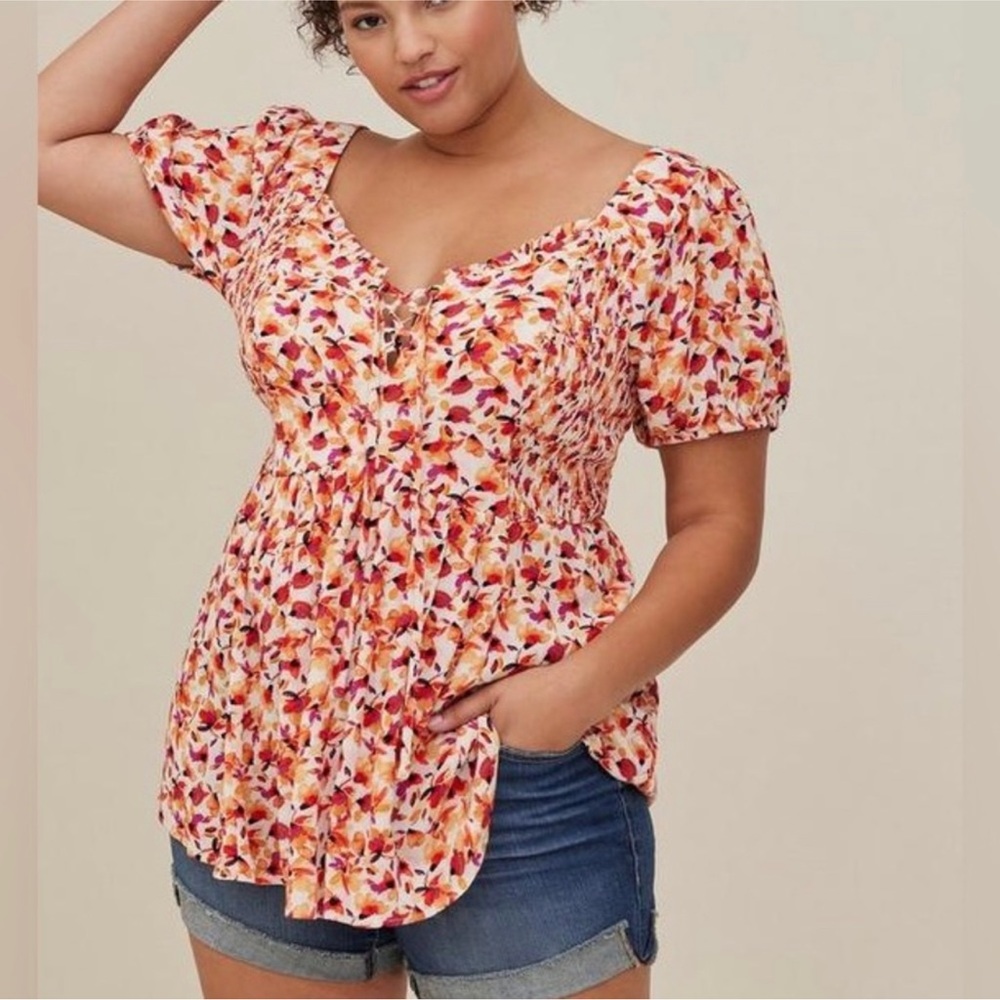 TORRID Babydoll Crinkle Gauze Smocked Puff Sleeve Top